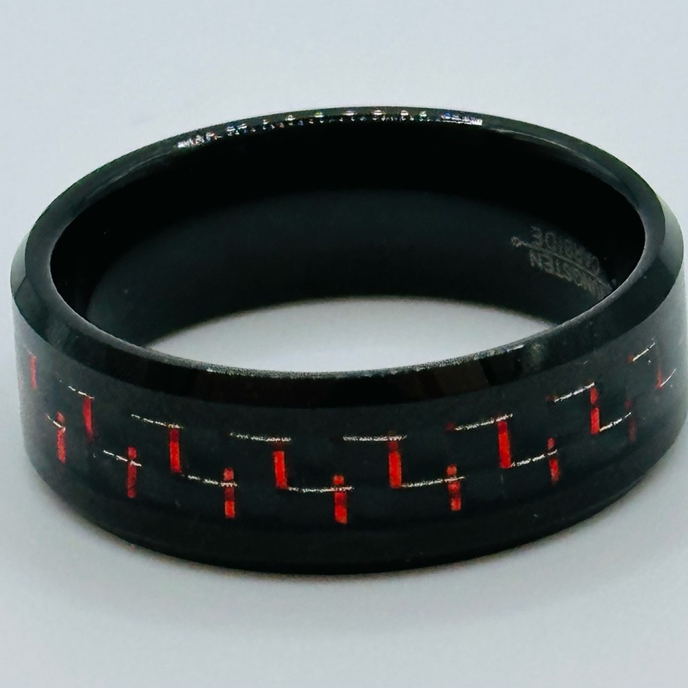 Men's Tungsten Carbide Black With Red Carbon Fiber Wedding Band Ring
